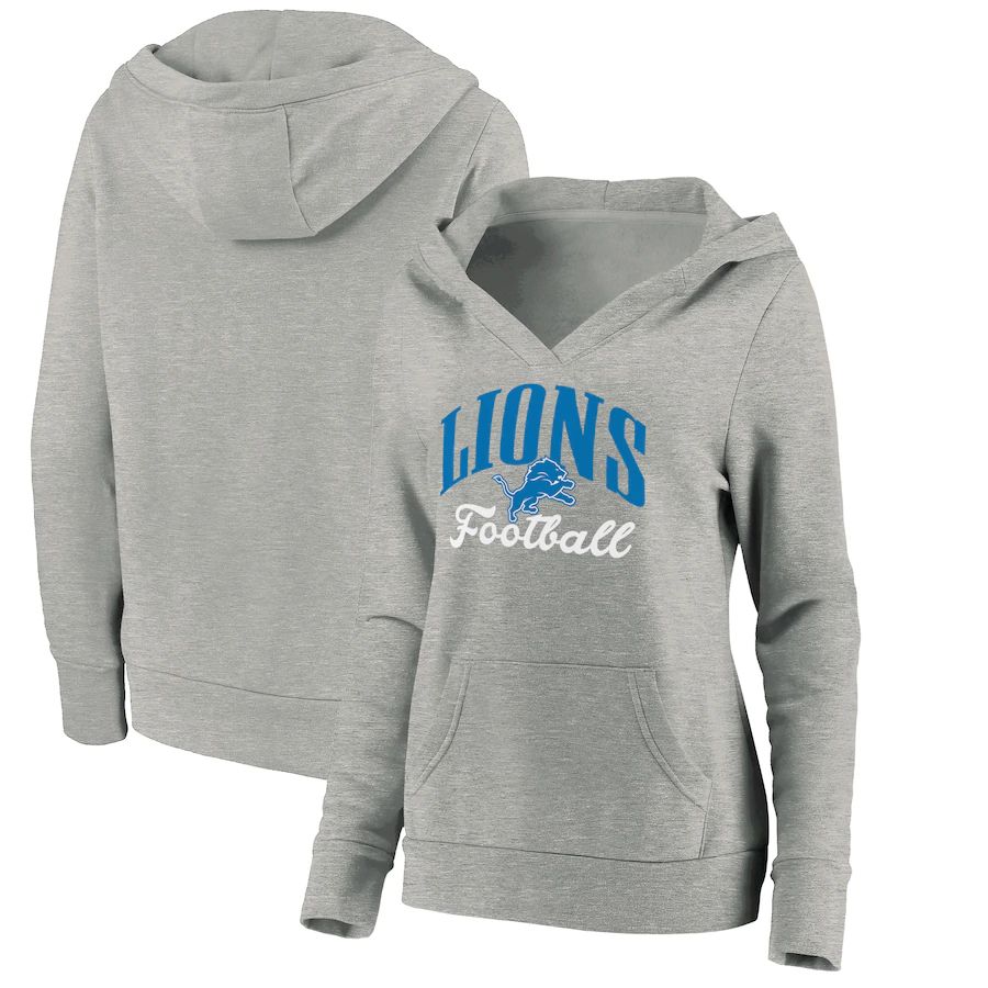 Women Detroit Lions Fanatics Branded Heathered Gray Victory Script V-Neck Pullover Hoodie